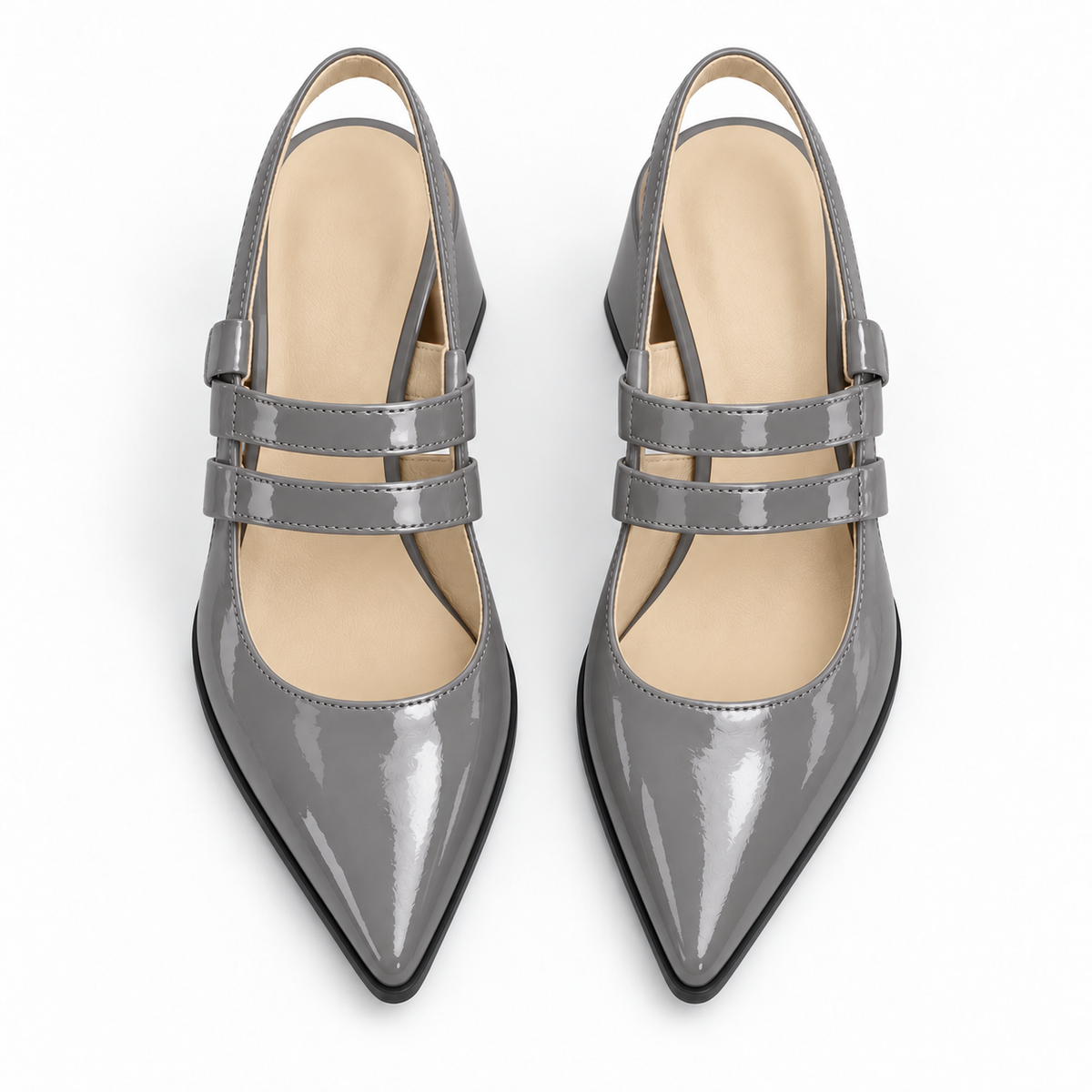 Slingback Heels Gray – جزمة كعب حريمي سلينج باك جلد لامع رمادي، من فوق – ECADRA