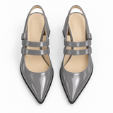 Slingback Heels Gray – جزمة كعب حريمي سلينج باك جلد لامع رمادي، من فوق – ECADRA