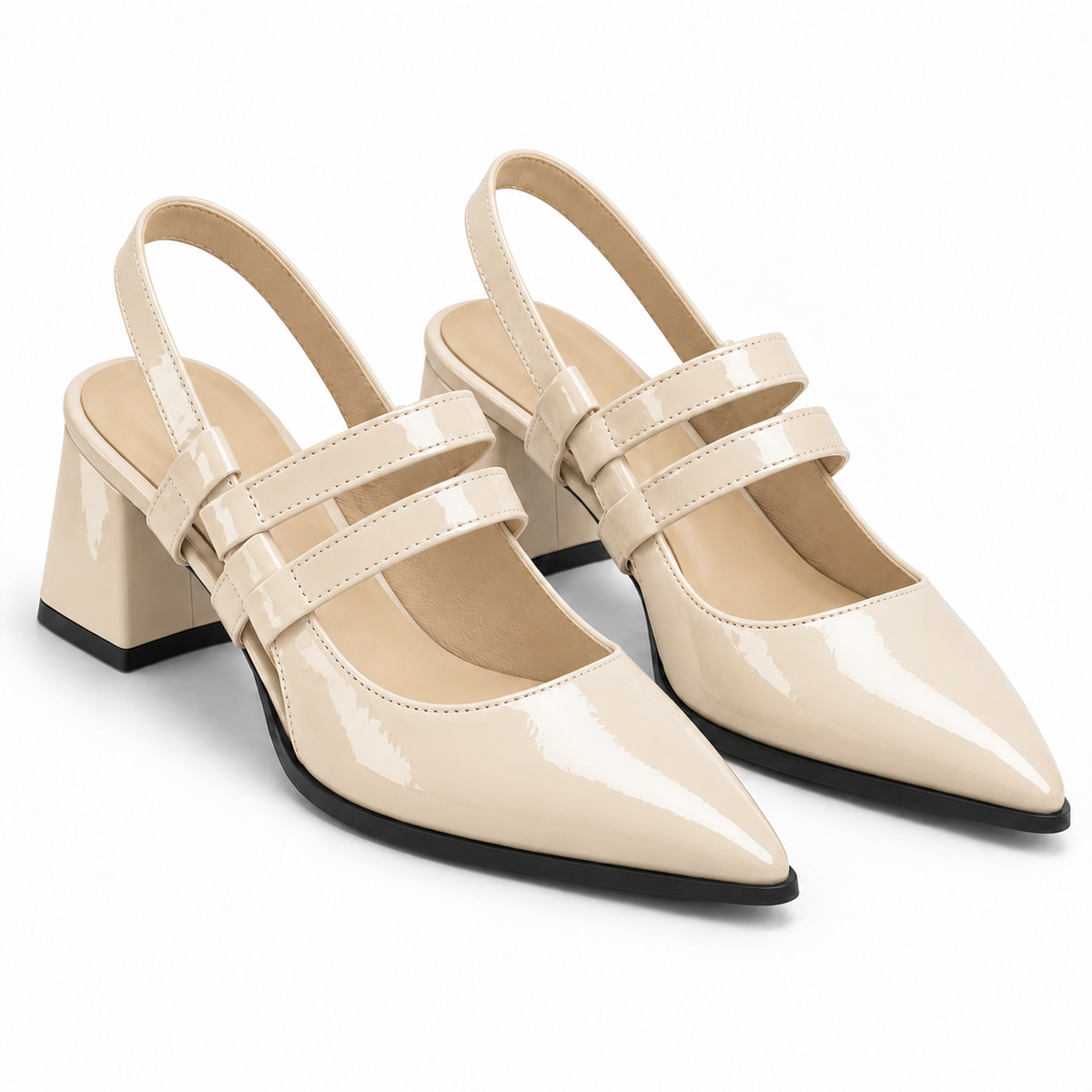 Slingback Heels Ivory – جزمة كعب حريمي سلينج باك جلد لامع أوف وايت، من قدام – ECADRA