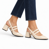Slingback Heels Ivory – جزمة كعب حريمي سلينج باك جلد لامع أوف وايت، على الرجل – ECADRA