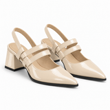 Slingback Heels Ivory – جزمة كعب حريمي سلينج باك جلد لامع أوف وايت، من الجنب – ECADRA