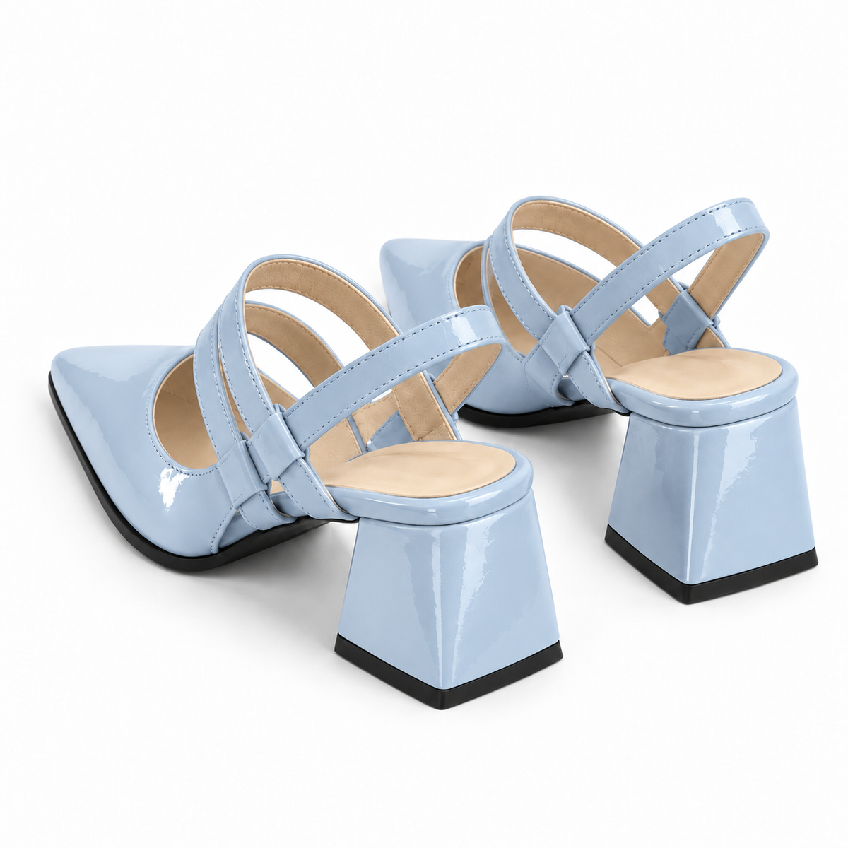 Slingback Heels Light Blue – جزمة كعب حريمي سلينج باك جلد لامع بيبي بلو، من ورا – ECADRA