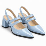 Slingback Heels Light Blue – جزمة كعب حريمي سلينج باك جلد لامع بيبي بلو، من قدام – ECADRA