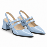 Slingback Heels Light Blue – جزمة كعب حريمي سلينج باك جلد لامع بيبي بلو، من الجنب – ECADRA