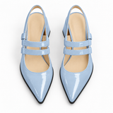 Slingback Heels Light Blue – جزمة كعب حريمي سلينج باك جلد لامع بيبي بلو، من فوق – ECADRA