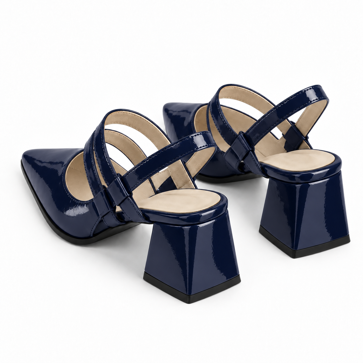 Slingback Heels Navy – جزمة كعب حريمي سلينج باك جلد لامع كحلي، من ورا – ECADRA