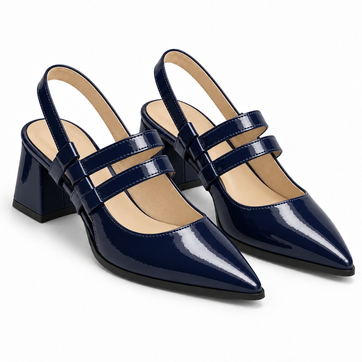 Slingback Heels Navy – جزمة كعب حريمي سلينج باك جلد لامع كحلي، من قدام – ECADRA