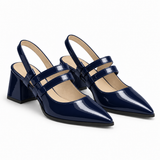Slingback Heels Navy – جزمة كعب حريمي سلينج باك جلد لامع كحلي، من الجنب – ECADRA