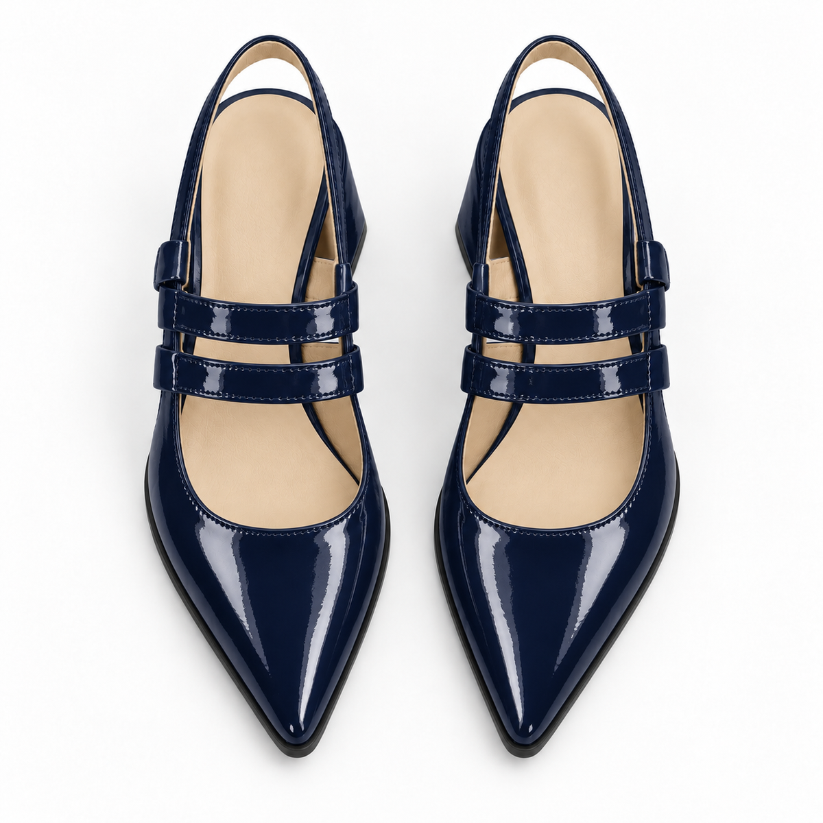 Slingback Heels Navy – جزمة كعب حريمي سلينج باك جلد لامع كحلي، من فوق – ECADRA