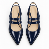 Slingback Heels Navy – جزمة كعب حريمي سلينج باك جلد لامع كحلي، من فوق – ECADRA