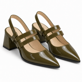 Slingback Heels Olive – جزمة كعب حريمي سلينج باك جلد لامع زيتي، من قدام – ECADRA