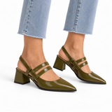 Slingback Heels Olive – جزمة كعب حريمي سلينج باك جلد لامع زيتي، على الرجل – ECADRA