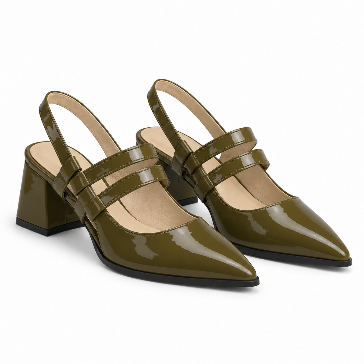 Slingback Heels Olive – جزمة كعب حريمي سلينج باك جلد لامع زيتي، من الجنب – ECADRA