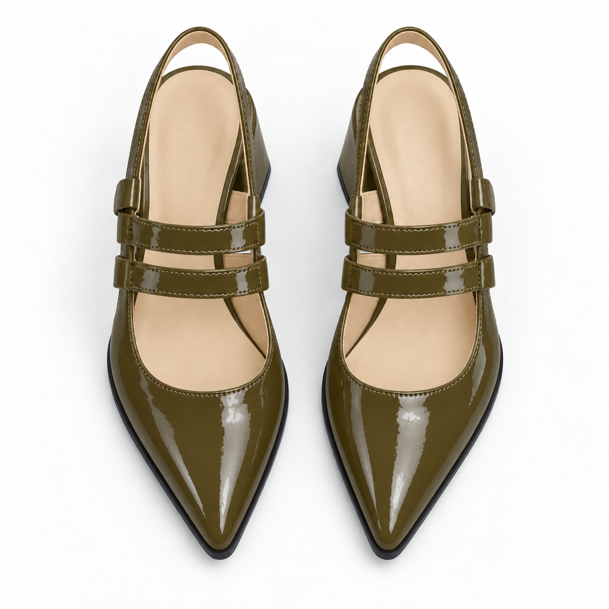 Slingback Heels Olive – جزمة كعب حريمي سلينج باك جلد لامع زيتي، من فوق – ECADRA