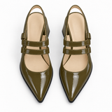 Slingback Heels Olive – جزمة كعب حريمي سلينج باك جلد لامع زيتي، من فوق – ECADRA