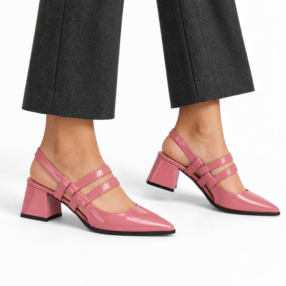 Slingback Heels Rose – جزمة كعب حريمي سلينج باك جلد لامع روز، على الرجل – ECADRA