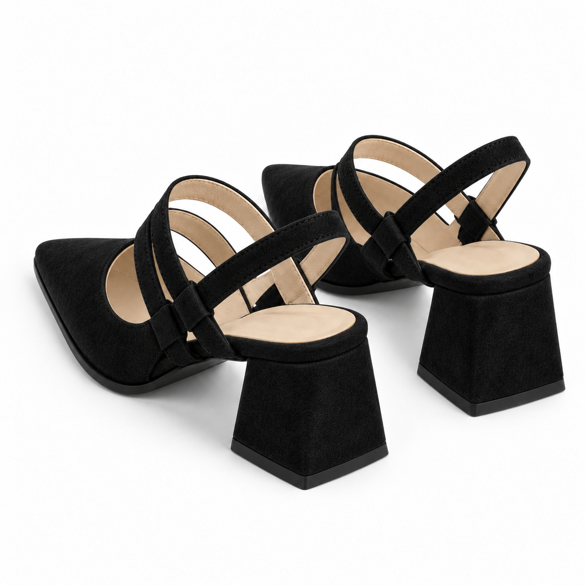 Slingback Heels Black – جزمة كعب حريمي سلينج باك شمواه صناعي أسود، من ورا – ECADRA