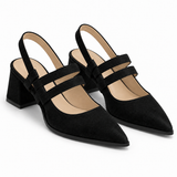 Slingback Heels Black – جزمة كعب حريمي سلينج باك شمواه صناعي أسود، من قدام – ECADRA