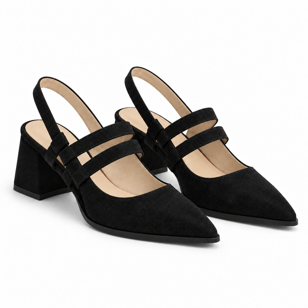 Slingback Heels Black – جزمة كعب حريمي سلينج باك شمواه صناعي أسود، من الجنب – ECADRA