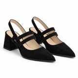 Slingback Heels Black – جزمة كعب حريمي سلينج باك شمواه صناعي أسود، من الجنب – ECADRA