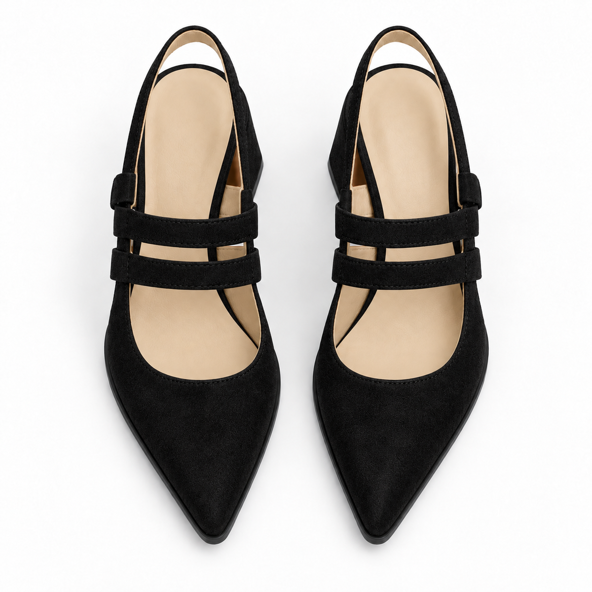 Slingback Heels Black – جزمة كعب حريمي سلينج باك شمواه صناعي أسود، من فوق – ECADRA