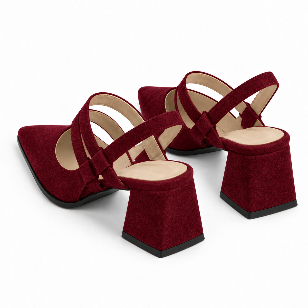 Slingback Heels Burgundy – جزمة كعب حريمي سلينج باك شمواه صناعي نبيتي، من ورا – ECADRA