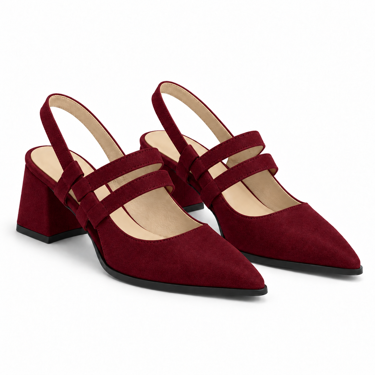 Slingback Heels Burgundy – جزمة كعب حريمي سلينج باك شمواه صناعي نبيتي، من الجنب – ECADRA