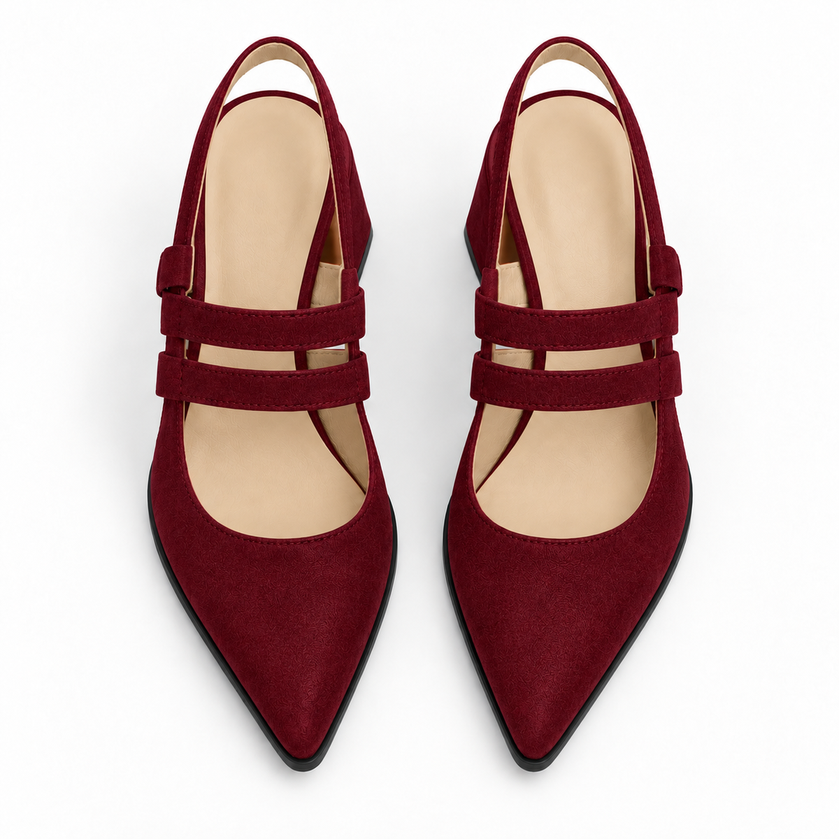 Slingback Heels Burgundy – جزمة كعب حريمي سلينج باك شمواه صناعي نبيتي، من فوق – ECADRA