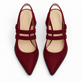 Slingback Heels Burgundy – جزمة كعب حريمي سلينج باك شمواه صناعي نبيتي، من فوق – ECADRA