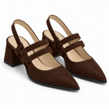 Slingback Heels Chocolate – جزمة كعب حريمي سلينج باك شمواه صناعي شوكولاتة، من قدام – ECADRA