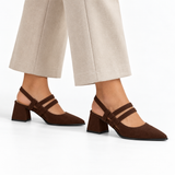 Slingback Heels Chocolate – جزمة كعب حريمي سلينج باك شمواه صناعي شوكولاتة، على الرجل – ECADRA