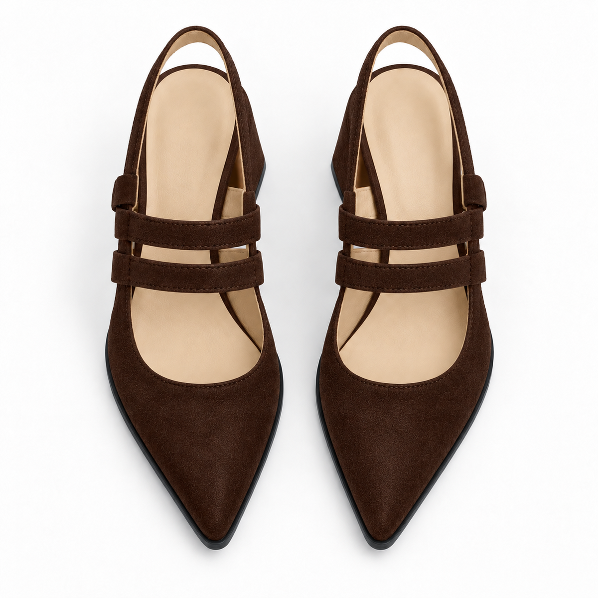 Slingback Heels Chocolate – جزمة كعب حريمي سلينج باك شمواه صناعي شوكولاتة، من فوق – ECADRA