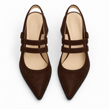 Slingback Heels Chocolate – جزمة كعب حريمي سلينج باك شمواه صناعي شوكولاتة، من فوق – ECADRA