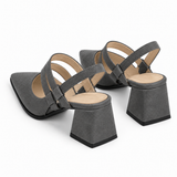 Slingback Heels Gray – جزمة كعب حريمي سلينج باك شمواه صناعي رمادي، من ورا – ECADRA