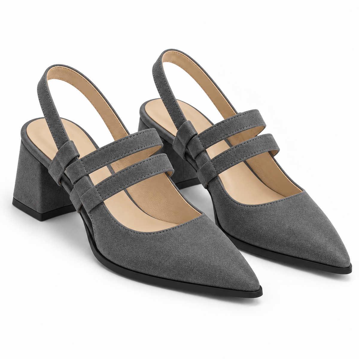 Slingback Heels Gray – جزمة كعب حريمي سلينج باك شمواه صناعي رمادي، من قدام – ECADRA