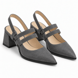 Slingback Heels Gray – جزمة كعب حريمي سلينج باك شمواه صناعي رمادي، من قدام – ECADRA