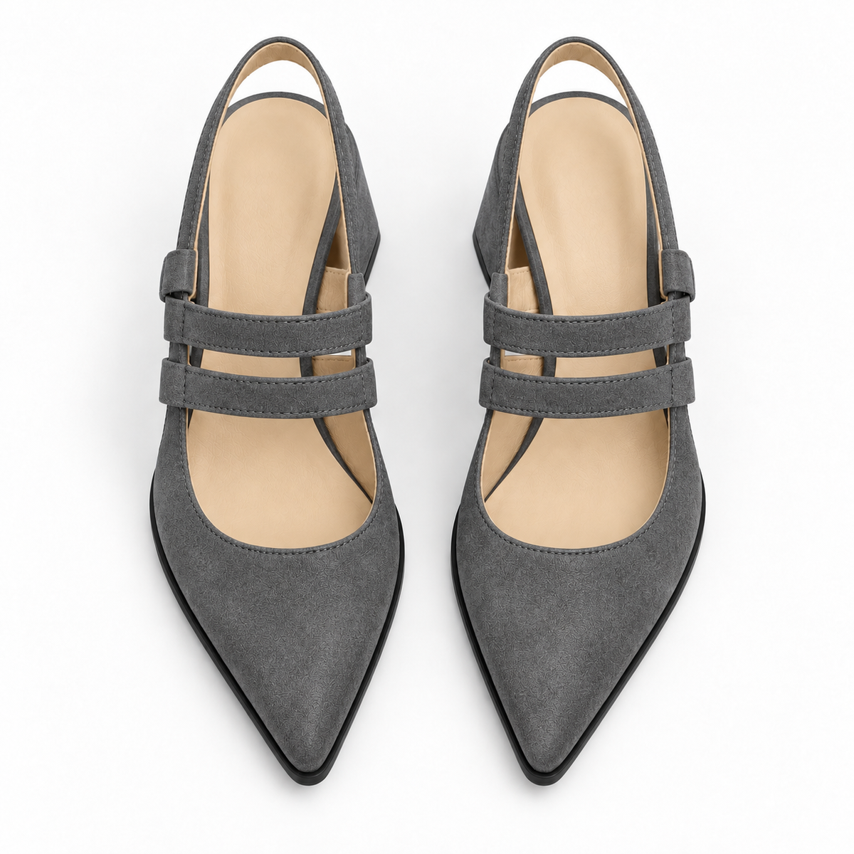 Slingback Heels Gray – جزمة كعب حريمي سلينج باك شمواه صناعي رمادي، من فوق – ECADRA