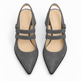 Slingback Heels Gray – جزمة كعب حريمي سلينج باك شمواه صناعي رمادي، من فوق – ECADRA