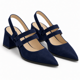 Slingback Heels Navy – جزمة كعب حريمي سلينج باك شمواه صناعي كحلي، من قدام – ECADRA