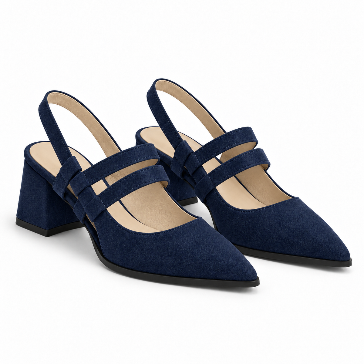 Slingback Heels Navy – جزمة كعب حريمي سلينج باك شمواه صناعي كحلي، من الجنب – ECADRA