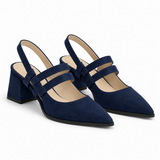 Slingback Heels Navy – جزمة كعب حريمي سلينج باك شمواه صناعي كحلي، من الجنب – ECADRA