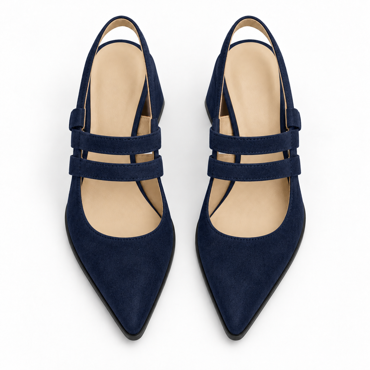 Slingback Heels Navy – جزمة كعب حريمي سلينج باك شمواه صناعي كحلي، من فوق – ECADRA