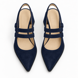 Slingback Heels Navy – جزمة كعب حريمي سلينج باك شمواه صناعي كحلي، من فوق – ECADRA