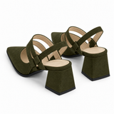 Slingback Heels Olive – جزمة كعب حريمي سلينج باك شمواه صناعي زيتي، من ورا – ECADRA