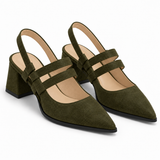 Slingback Heels Olive – جزمة كعب حريمي سلينج باك شمواه صناعي زيتي، من قدام – ECADRA