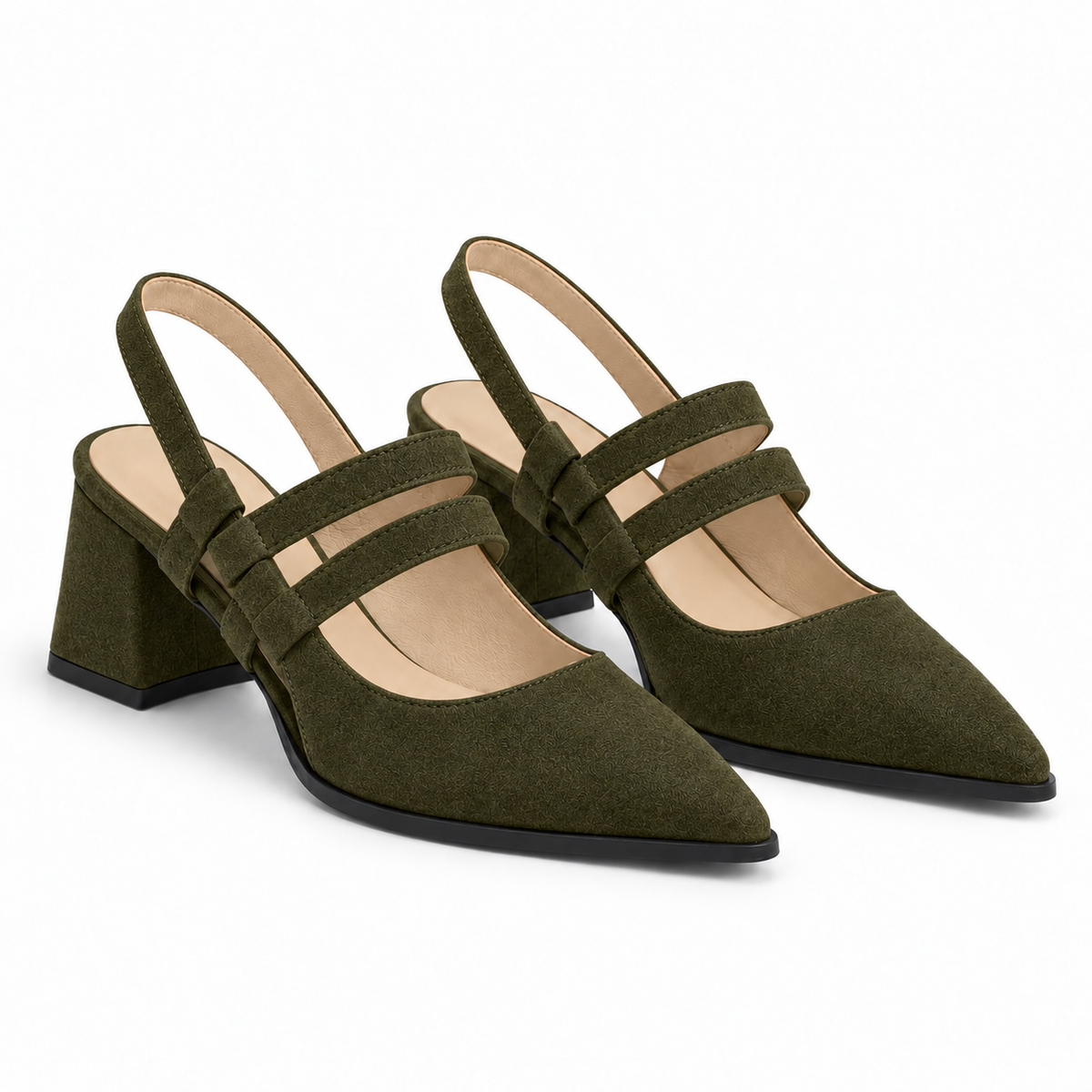 Slingback Heels Olive – جزمة كعب حريمي سلينج باك شمواه صناعي زيتي، من الجنب – ECADRA