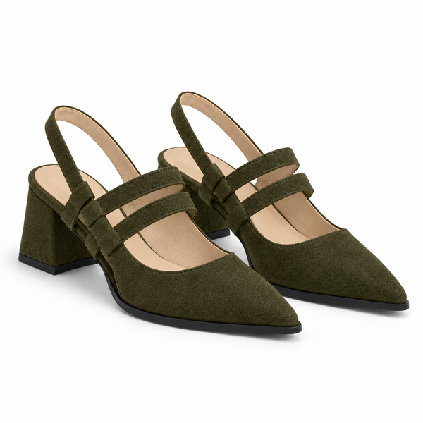 Slingback Heels Olive – جزمة كعب حريمي سلينج باك شمواه صناعي زيتي، من الجنب – ECADRA
