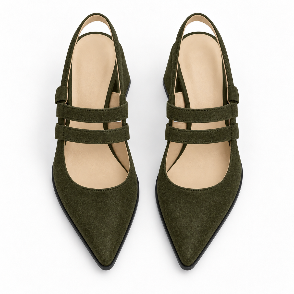 Slingback Heels Olive – جزمة كعب حريمي سلينج باك شمواه صناعي زيتي، من فوق – ECADRA