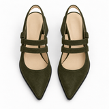 Slingback Heels Olive – جزمة كعب حريمي سلينج باك شمواه صناعي زيتي، من فوق – ECADRA