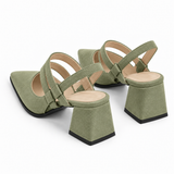 Slingback Heels Pistachio – جزمة كعب حريمي سلينج باك شمواه صناعي فستقي، من ورا – ECADRA